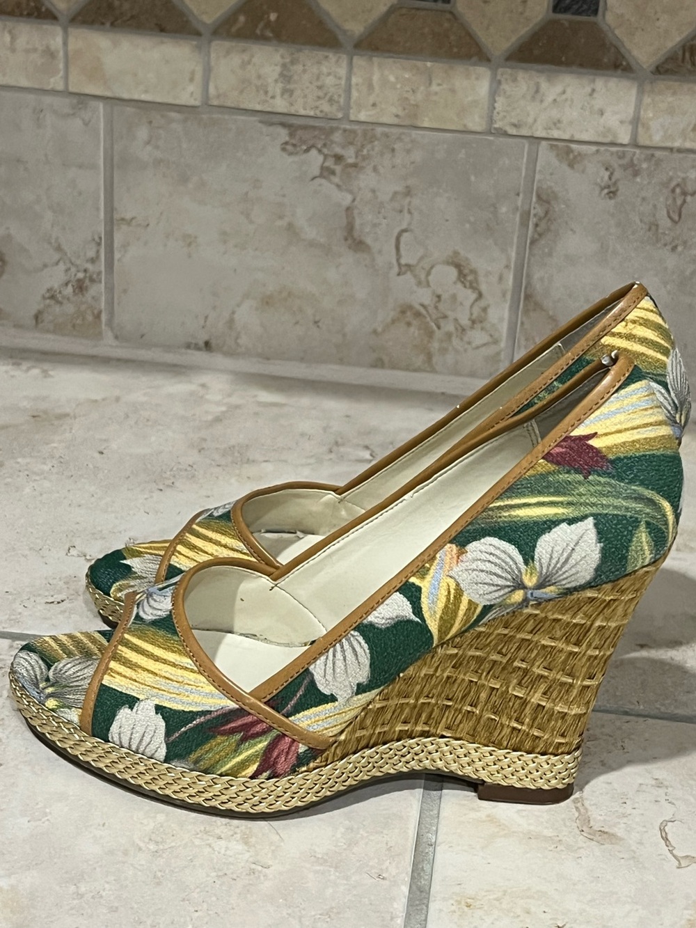 Anne Klein Green Floral Raffia Wedge Sandals